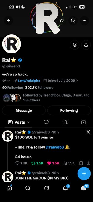 A screenshot of an X (Twitter) profile page for user 'Rai' (@raiweb3) with a blue verification checkmark, 303.7K followers, and a recent post offering '$100 SOL to 1 winner' for liking, retweeting, and following, posted 10 hours ago.