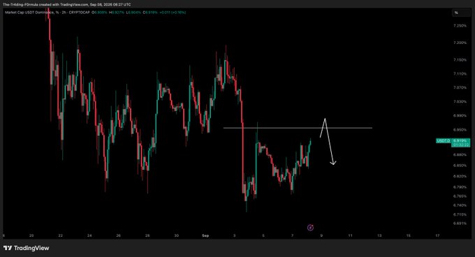 A TradingView chart displays USDT Dominance (CRYPTOCAP: USDT.D) on a 2-hour timeframe, currently at 6.918%, with a hand-drawn white arrow showing a potential downward move after a rejection at the ~6.93% resistance line, aligning with the post's bullish thesis for crypto if USDT.D declines.