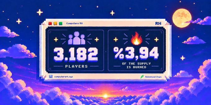 A pixel art-style digital window displays 'Computers RH' and 'RH' with statistics showing '3.182 PLAYERS' and '%3.94 OF THE SUPPLY IS BURNED' against a dreamy sky with clouds and moon.