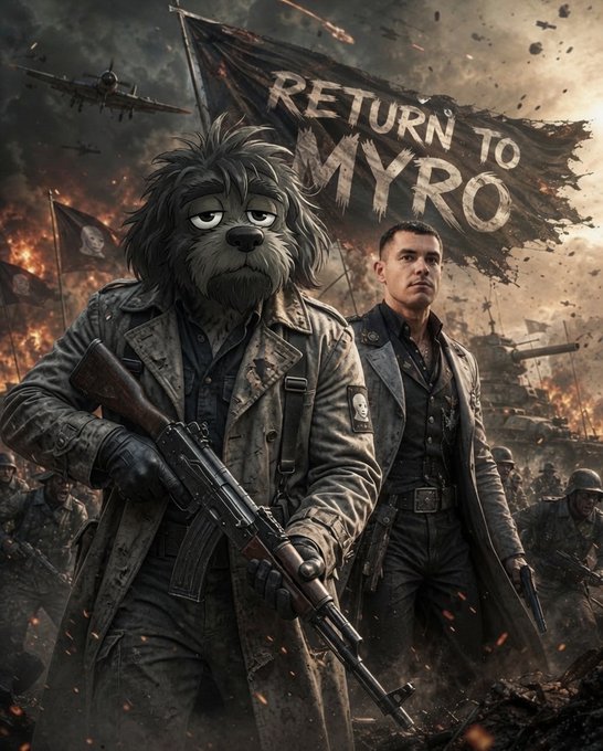 A dark-haired dog-like creature and a man in military attire stand together in a war-torn battlefield with soldiers, tanks, and planes behind them, beneath a tattered flag reading "RETURN TO MYRO." The post's ticker "RTM" serves as an abbreviation for the "Return to Myro" title displayed prominently on the banner in the image.