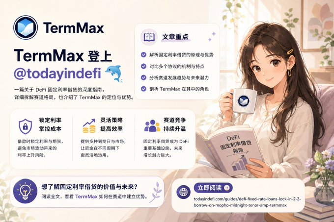 A promotional graphic for 'TermMax' featuring an anime-style illustration of a woman reading a 'DeFi' guide, highlighting features like fixed rates and flexible strategies with Chinese text.