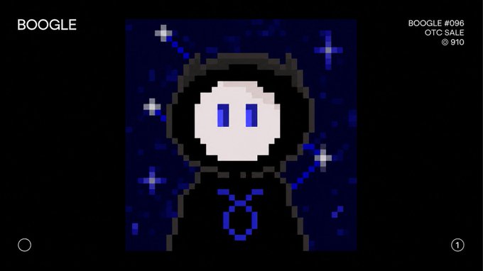 The image features a pixelated ghost-like character labeled "BOOGLE" against a starry dark blue background, with text indicating "BOOGLE #096" and "OTC SALE @ 910," corresponding to the post's announcement of a secondary sale for 910 SOL.