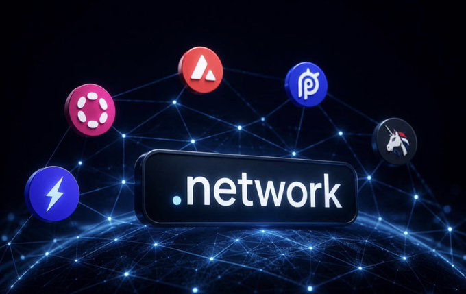 The image features a black square with the word "NETWORK" written in white letters at the center of a blue grid filled with various logos, including a lightning bolt logo, a unicorn logo, and five different types of cryptocurrency icons. The text "POLKADOT.network", "AVAX.network", "PYTHON.network", "1inch.network", and "LIGHTNING.NETWORK" are also present in the image.