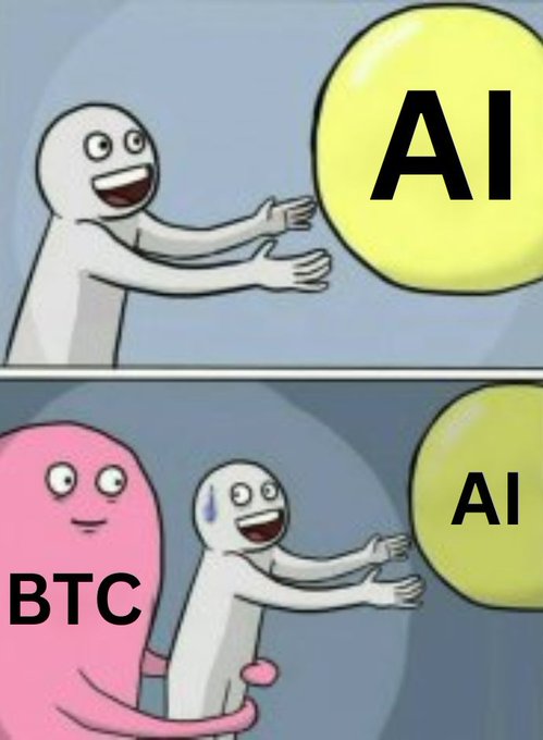 A meme showing the "Running Away Balloon" format, where in the top panel a figure happily embraces an "AI" balloon, but in the bottom panel, while still clinging to "AI," the figure is being grabbed by "BTC," reflecting how crypto influencers will likely pivot back to AI hype as Bitcoin gains traction.