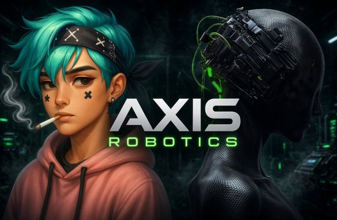 Identical to the previous image, an 'AXIS ROBOTICS' logo graphic shows a teal-haired anime character and a cybernetic head against a dark tech background.