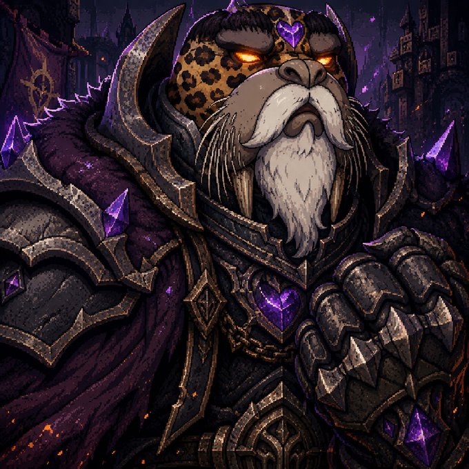 A fierce anthropomorphic leopard character with glowing orange eyes, a large white mustache and beard, wearing dark purple and black armor adorned with purple gem crystals against a dark fantasy castle background.
