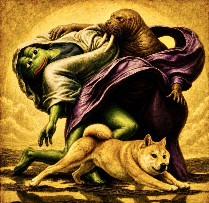 The image features a painting of a man, a dog, and a walrus. The man appears to be wearing a robe or cloak, while the dog has its tongue out as if playfully biting the man's face. The walrus is depicted in a purple outfit with tusks. The background of the painting is yellow, which contrasts with the brown color of the walrus and adds depth to the scene. The image also includes text that reads "New drop from The $Walrus Art Gallery Golden Pietà xrp.cafe/nft/000827100B".