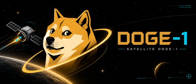 A promotional graphic for 'DOGE-1 SATELLITE DOGE-1' featuring a Shiba Inu dog with glowing rings, set against a space background with a satellite and moon.