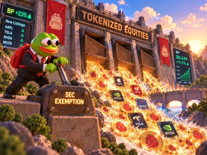 A digital illustration of a Pepe the Frog character in a suit opening a dam labeled 'SEC EXEMPTION', releasing a flood of stocks and coins including AAPL, TSLA, NVDA, and MSTR, with stock tickers displayed on the sides.