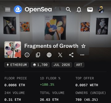 Screenshot of an OpenSea NFT listing for 'Fragments of Growth' on the Ethereum network, priced at 0.0066 ETH with a floor price of 1,700.