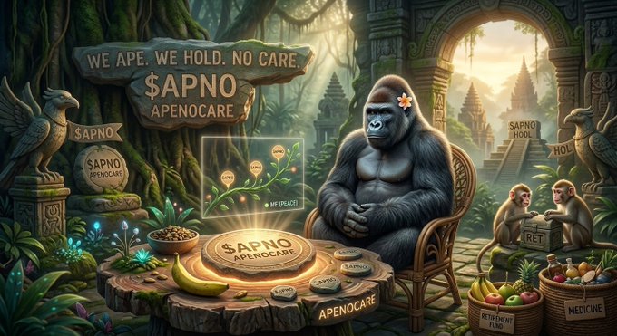 A fantasy-style illustration features a gorilla sitting at a wooden table in a jungle setting surrounded by stone carvings reading 'WE APE. WE HOLD. NO CARE' and '$APNO APENOCARE'.