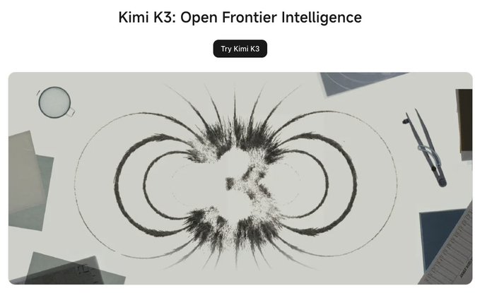 A promotional image for 'Kimi K3: Open Frontier Intelligence' featuring a black magnetic field pattern created on a white surface with scattered drafting tools and a 'Try Kimi K3' button.