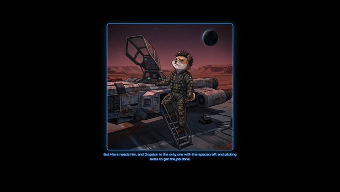 An illustration shows a small anthropomorphic fox or cat character in a pilot suit climbing a ladder onto a spaceship on a reddish alien planet, with text reading 'But Mars needs him, and Dogelon is the only one with the spacecraft and piloting skills to get the job done.'