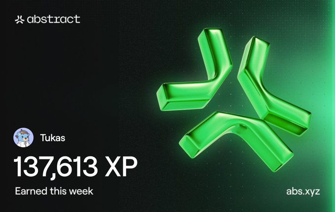 An Abstract XP earnings card for user Tukas showing 137,613 XP earned this week, featuring a glossy green abstract logo on a dark background.