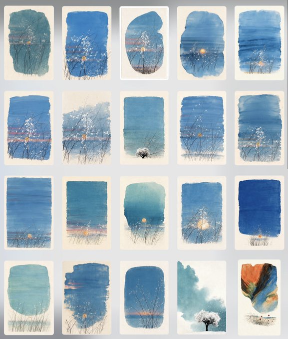 A grid of 20 watercolor-style illustrations in varying shades of blue, depicting serene landscapes with bare trees, sunsets, and atmospheric scenery.