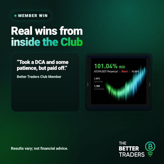 A promotional graphic for "The Better Traders Club" highlighting a member win with the headline "Real wins from inside the Club" and a testimonial about an ATOM/USDT perpetual short position that achieved 101.04% ROI using a DCA strategy, showing an open price of 1,971 and current price of 1,769, with a disclaimer that results vary and it is not financial advice.