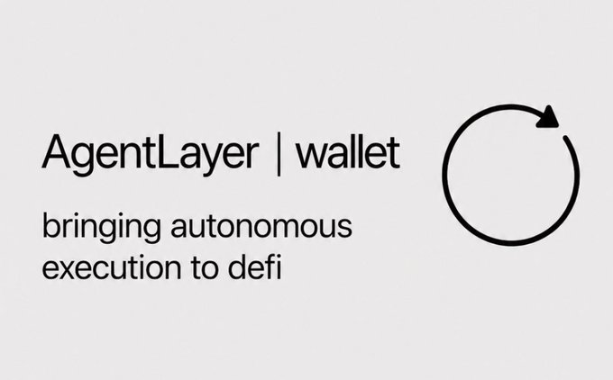 A minimalist promotional graphic on a light gray background features the text "AgentLayer | wallet — bringing autonomous execution to defi" alongside a circular refresh/cycle icon, announcing AgentLayer's new wallet update that enables AI agents to autonomously execute DeFi strategies like asset swaps and vault deposits across Base and Ethereum.