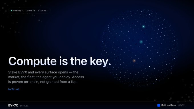 Promotional banner for BV-7X with the tagline 'Compute is the key,' explaining that staking BV7X is required to access the market, fleet, and AI agent deployment on bv7x.ai.