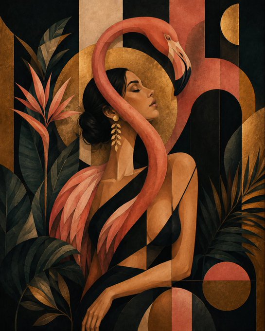 An art deco-style painting depicts a woman in a black dress with a pink flamingo's neck curving around her head, set against geometric shapes and tropical foliage in warm tones.