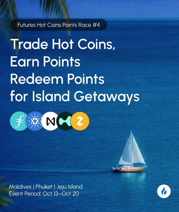 A promotional poster for HTX's "Futures Hot Coins Points Race #4" set against a tropical ocean backdrop with a sailboat, inviting traders to trade pairs ZEC, FIL, ADA, NEAR, and HYPE between October 13-20 to earn points redeemable for island getaways to the Maldives, Phuket, or Jeju Island.
