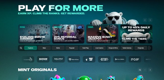 A screenshot of an online gaming platform or web3 gaming hub advertising 'PLAY FOR MORE' with rewards, featuring titles such as '20K REFERRAL BONUS,' 'MASSIVE $USDT JACKPOT,' and 'UP TO 45% DAILY REWARDS,' with a polar bear character wearing sunglasses.