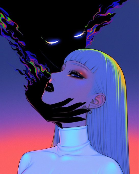 A digital artwork of a pale girl with blonde hair and blue eyes, being touched on the chin by a shadowy figure with glowing eyes and colorful flame-like hair.