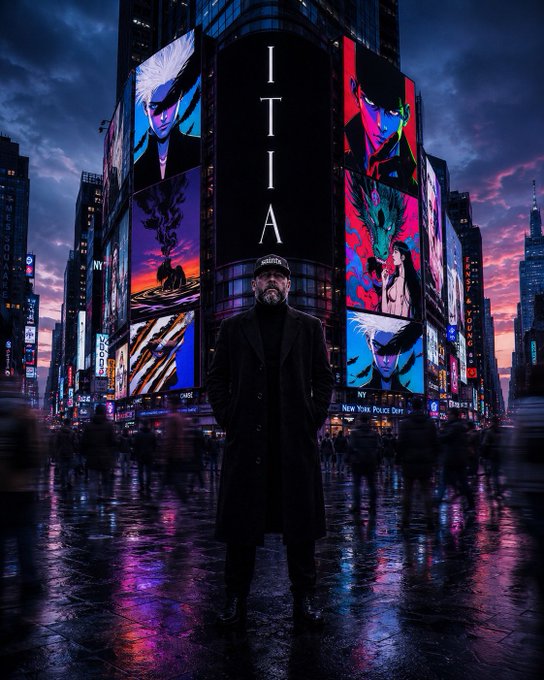 A bearded man in a long dark coat and cap stands in a neon-lit urban square with large digital billboards, one displaying 'ITIA' vertically.