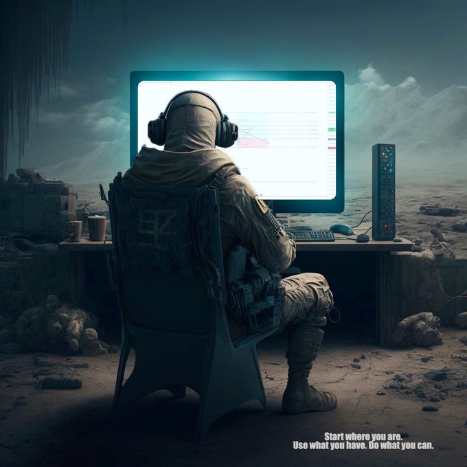 A hooded, armed figure wearing headphones sits at a computer desk in a desolate landscape, focused on a screen displaying a chart. The caption reads: "Start where you are. Use what you have. Do what you can." The image symbolizes disciplined focus and resourcefulness in analysis, mirroring the post's observation that Bitcoin's price is simply tracking existing liquidity pools on Binance Futures with no major change yet.