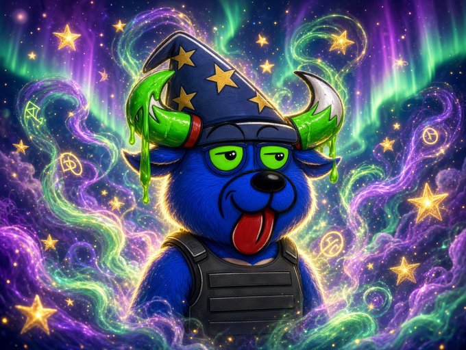A vibrant, psychedelic digital illustration of a blue dog-like character wearing a horned wizard hat and tactical vest, surrounded by swirling purple and green cosmic energy and golden stars.