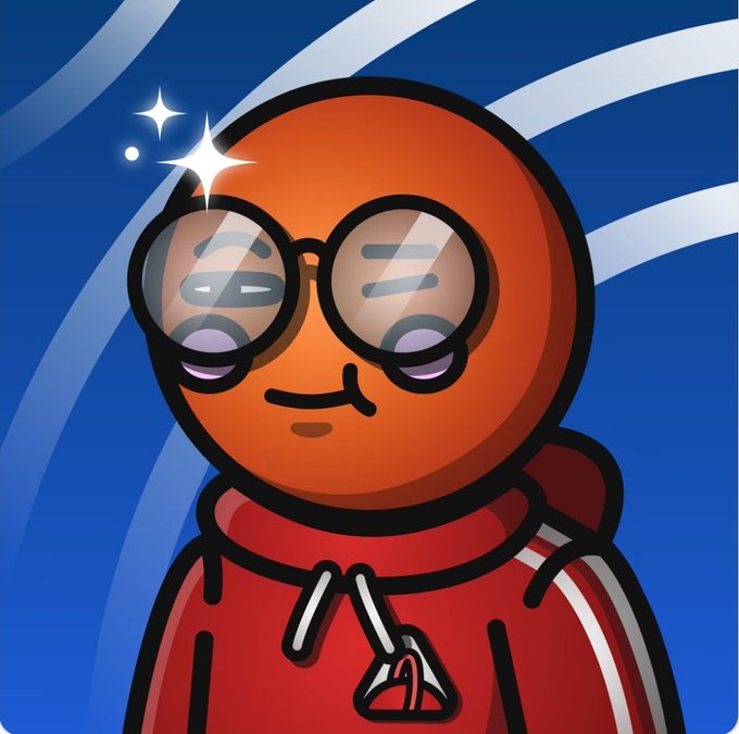 A cartoon character with an orange face wearing large round sunglasses, a red hoodie, and sporting a sparkle effect, set against a blue background with curved lines.