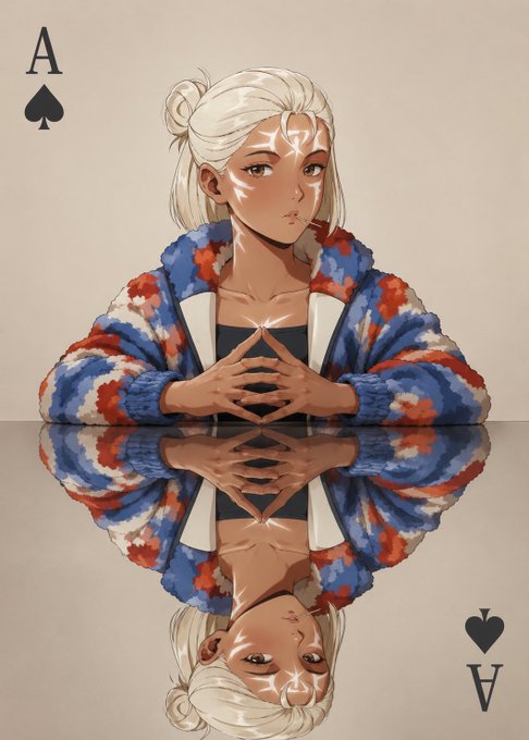 An anime-style illustration of a white-haired woman with facial markings, wearing a colorful red, white, and blue jacket, posing with her hands together above a reflective surface that mirrors her, with an 'A' and spade symbol in the corner.