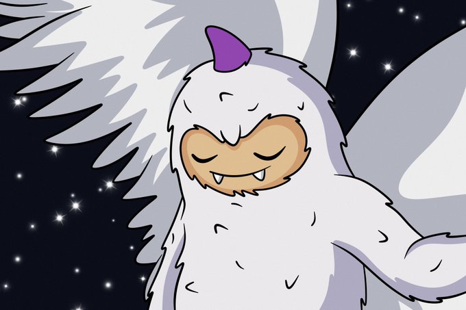 Cartoon illustration of a cute white fluffy monster with purple horn, wings, fangs, and closed eyes against a starry night background.