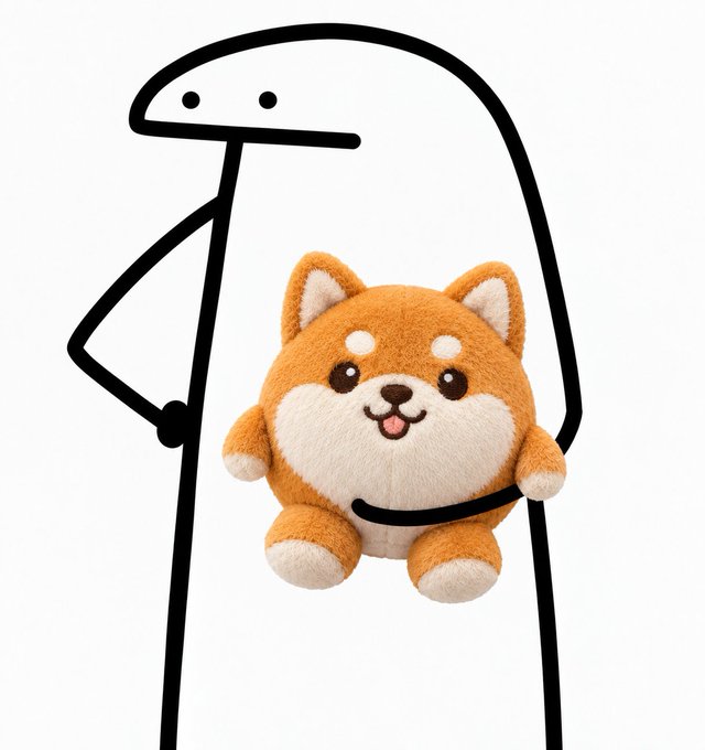 A simple black stick-figure line drawing of a character with an oval head holding a round, orange and white plush Shiba Inu dog toy.