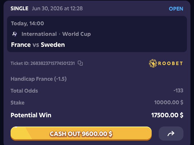 A Roobet sports betting slip shows a $10,000 wager on France (-1.5) handicap vs Sweden in the World Cup, with a potential win of $17,500 and a current cash out offer of $9,600, tying into the user's promise to reward a bettor who signs up with code "bryce" if the bet hits.