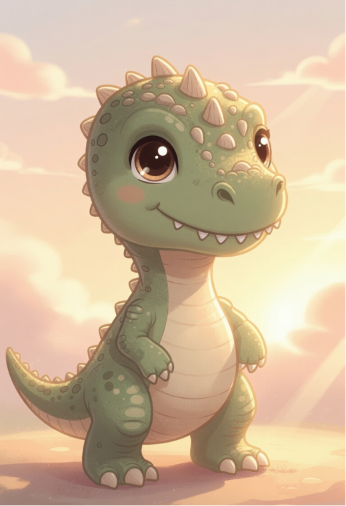 A cute, cartoon-style illustration of a small green dinosaur with spikes, large expressive eyes, and tiny teeth, standing against a soft pink and peach sunset sky with fluffy clouds.