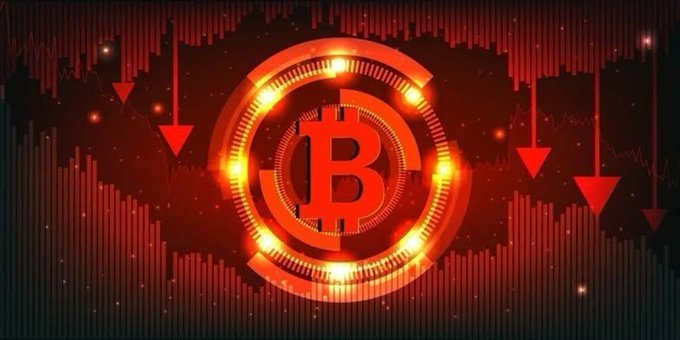 A glowing orange Bitcoin (₿) logo sits at the center of a red, downward-trending financial chart marked by red downward arrows, symbolizing market volatility or decline. The image ties to the post about Michael Saylor hinting at another Bitcoin purchase with "Doing ₿usiness," with the falling charts suggesting the market reaction or context surrounding his potential accumulation.