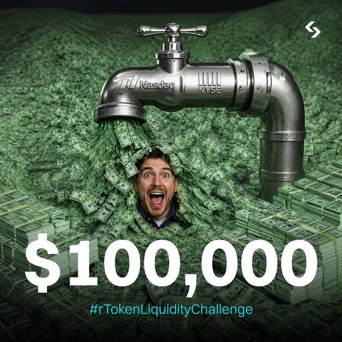 A promotional graphic for the "#rTokenLiquidityChallenge" showcases a giant faucet labeled "Nasdaq" and "NYSE" pouring stacks of $100 bills onto a landscape of money, with an excited man's head poking through the cash. The "$100,000" payout and stock exchange imagery visually reinforce the post's announcement of challenge winners who earned rewards through liquidity testing.