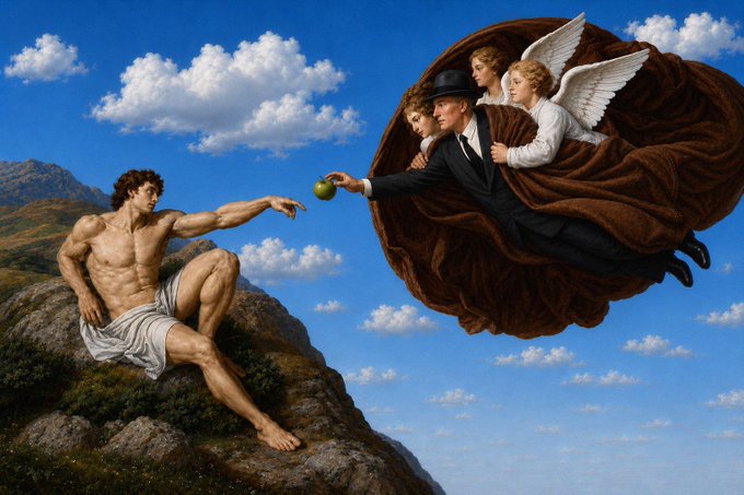 A surreal painting depicting a man seated on a rocky outcrop receiving a green apple from a man in a suit, top hat, and brown cloak being carried by two winged figures through a cloudy blue sky.