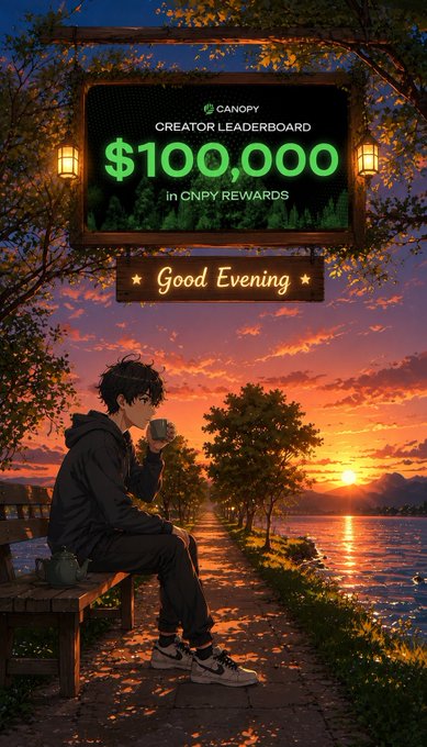 An anime-style image showing a character sitting on a bench by water at sunset drinking from a cup, with a sign reading 'CANOPY CREATOR LEADERBOARD $100,000 in CNPY REWARDS' and 'Good Evening'.