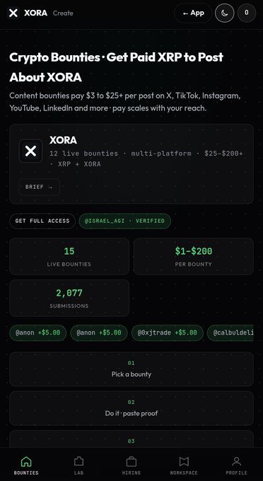 A mobile app screen for 'XORA' describing 'Crypto Bounties · Get Paid XRP to Post About XORA', with 15 live bounties, 2,077 submissions, and payment of $1-$200 per bounty.