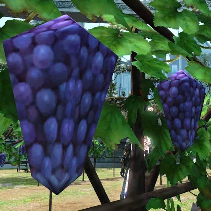 Large purple grape clusters hang from a leafy vine in a virtual environment, possibly from a video game.