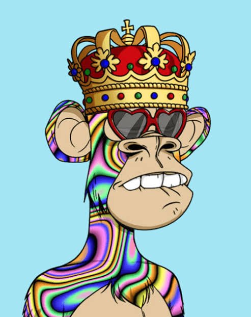 A cartoon illustration of a Bored Ape-style monkey wearing a jeweled red and gold crown and heart-shaped red sunglasses, with a psychedelic rainbow-patterned body.