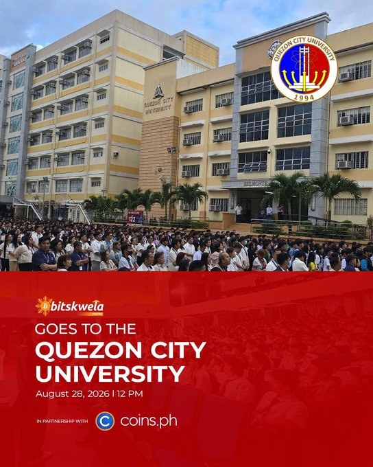 A promotional poster for Bitskwela's CloudChain Summit at Quezon City University, scheduled for August 28, 2026 at 12 PM in partnership with coins.ph, featuring a large crowd gathered at the university campus with the Quezon City University seal and the event branding prominently displayed.