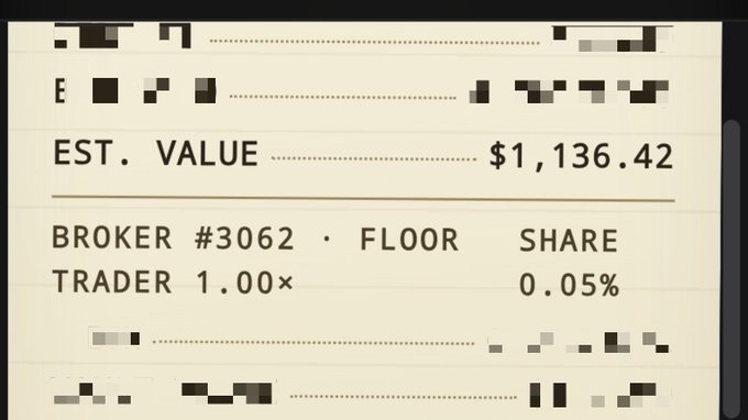 A cropped, stylized receipt document displays 'EST. VALUE ............ $1,136.42' and details for 'BROKER #3062 · FLOOR TRADER 1.00×' with a 'SHARE' of '0.05%'. Other text on the receipt is blurred or pixelated.