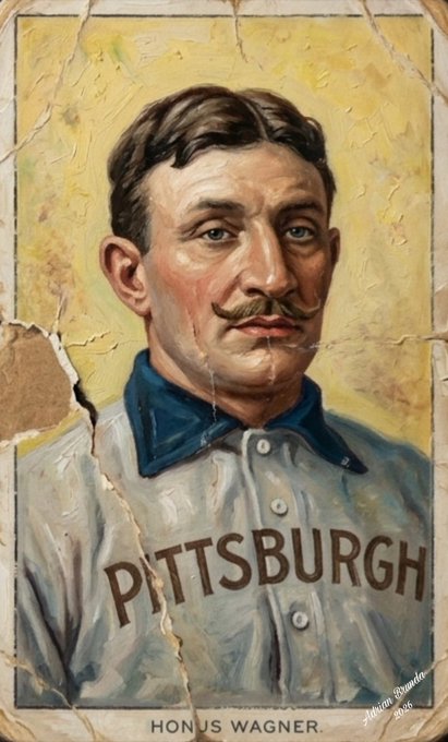 A weathered vintage baseball card painting of Honus Wagner in a Pittsburgh uniform, with text 'HONUS WAGNER' at the bottom.
