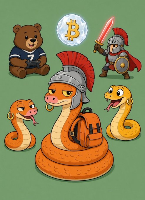 A cartoon-style scene features a teddy bear in a jersey (marked with "7"), a Bitcoin symbol in an icy orb, a Roman-style warrior with a red sword and shield, and three orange cobras—one wearing a Roman helmet and carrying a backpack. The whimsical crypto-themed characters visually represent the Bitcoin Ordinals NFT collection "@mdv_btc" and the comedy show "@ptsdshow" mentioned in the post.