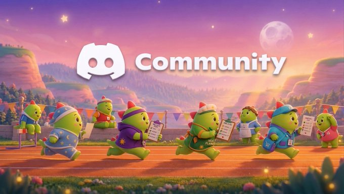 A Discord 'Community' banner image showing green cactus-like mascot characters dressed in athletic wear racing on a track under a purple sunset sky.