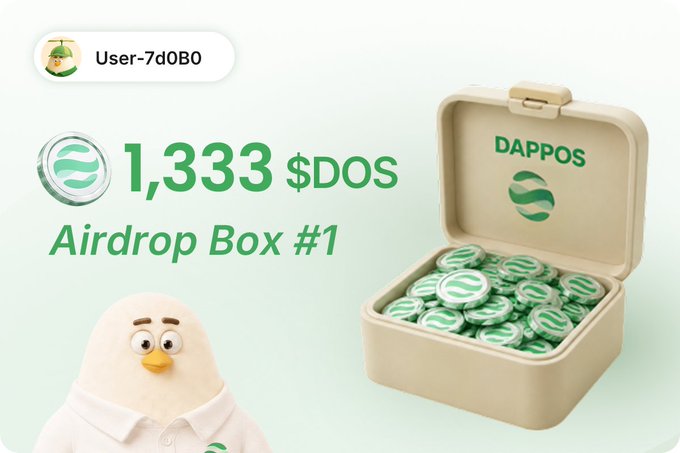 A promotional graphic for '1,333 $DOS Airdrop Box #1' from DAPPOS, featuring a cartoon bird character and an open box filled with $DOS tokens.
