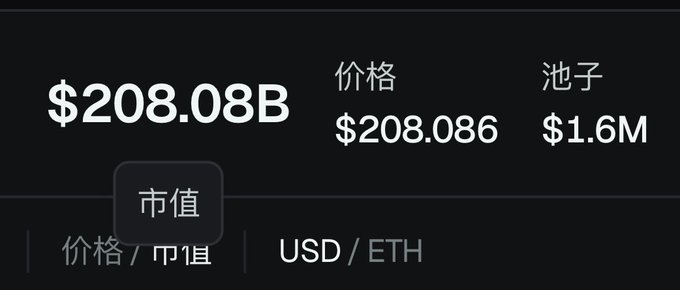A financial dashboard screenshot displaying '$208.08B' as 市值/Market Cap, with 价格/Price shown as $208.086 and 池子/Pool at $1.6M, with tabs for 价格/市值 and USD/ETH.