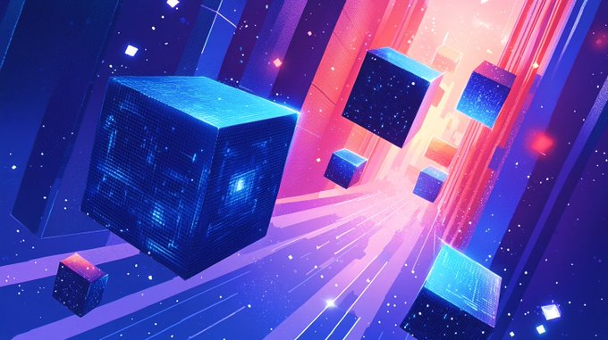 A vibrant digital artwork featuring glowing blue, pixelated cubes floating dynamically through a neon-lit, retro-futuristic tunnel.